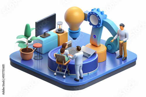 3D AI Driven Innovation Lab Concept: Team Experimenting with AI Tools in Collaborative Environment - 3D Icon on Isolated White Background