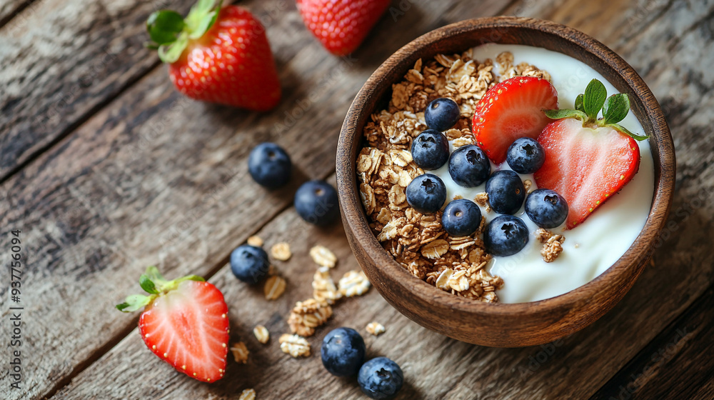 Delicious bowl of yogurt topped with granola, fresh strawberries, and blueberries on rustic wooden table Delicious bowl of yogurt topped with granola, fresh strawberries, and blueberries on rustic wooden table
