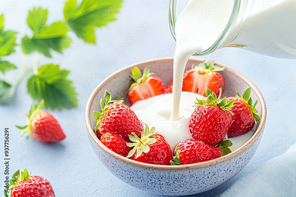 Fresh strawberries in a bowl topped with creamy milk, perfect for a healthy breakfast or dessert, with vibrant green leaves in background. Fresh strawberries in a bowl topped with creamy milk, perfect for a healthy breakfast or dessert, with vibrant green leaves in background.