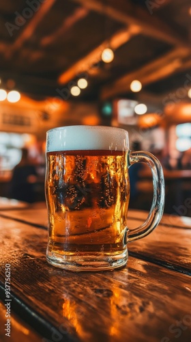 Refreshing glass of beer with condensation sits on a rustic wooden table, with the warm glow of a busy pub creating a cozy atmosphere