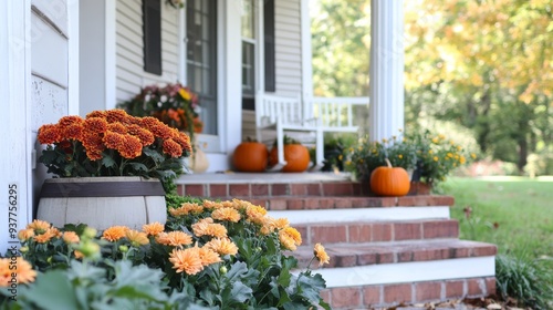 Cozy fall porch steps with orange mums, pumpkins, and flowers. Festive and welcoming, perfect for autumn months. Adds charm and warmth to home