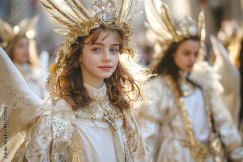 Girl wearing an ornate angel costume with golden details during Ognissanti parade in Italy. photo