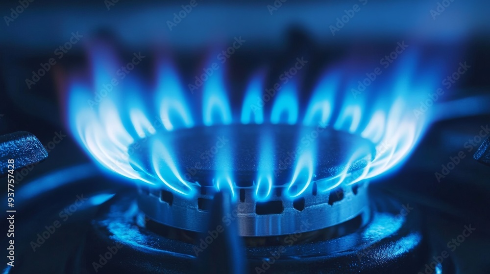 Bright blue flames from a gas stove burner heat a cozy kitchen, creating a safe cooking experience with an intriguing pattern Bright blue flames from a gas stove burner heat a cozy kitchen, creating a safe cooking experience with an intriguing pattern