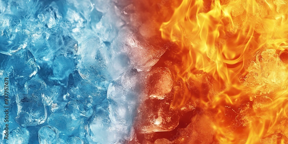Vibrant depiction of the contrast between fire and ice wallpaper. Cold blue frozen ice, melting over hot red fire. Generative ai Vibrant depiction of the contrast between fire and ice wallpaper. Cold blue frozen ice, melting over hot red fire. Generative ai
