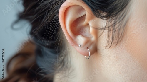 Close-up of a woman's ear with a small silver hoop earring and a stud earring.