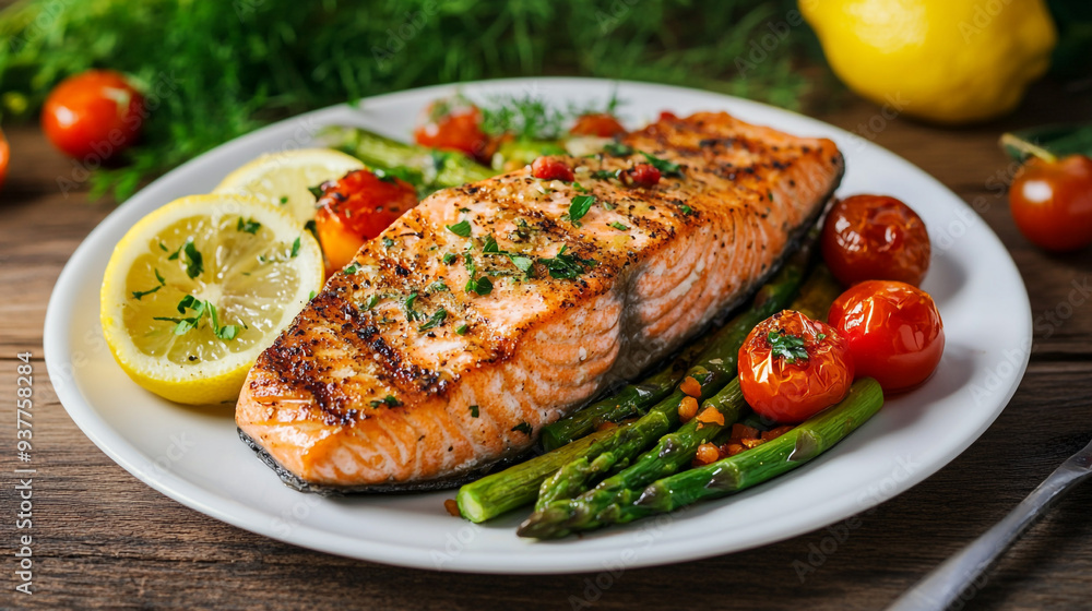 Grilled salmon fillet served with cherry tomatoes, asparagus, and lemon on a rustic wooden table during a vibrant meal setting Grilled salmon fillet served with cherry tomatoes, asparagus, and lemon on a rustic wooden table during a vibrant meal setting