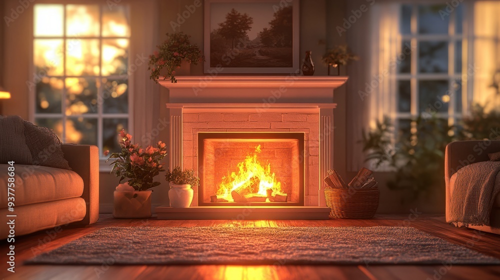Fototapeta premium Cozy Fireplace Ambiance with Warm Fire on Pastel Background