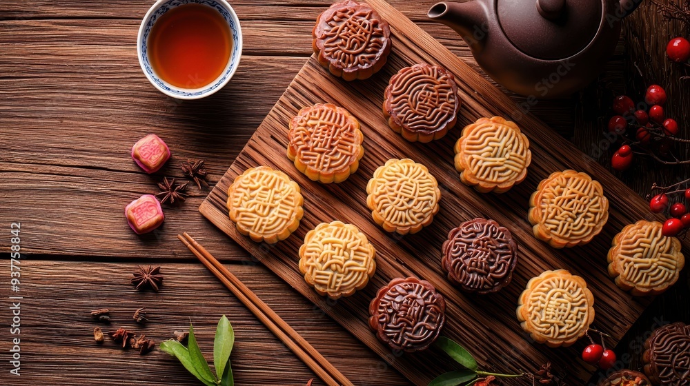 An artistic representation of mooncakes in assorted flavors and shapes, arranged in a decorative pattern on a wooden board, with traditional Chinese elements such as a teapot and chopsticks adding to An artistic representation of mooncakes in assorted flavors and shapes, arranged in a decorative pattern on a wooden board, with traditional Chinese elements such as a teapot and chopsticks adding to