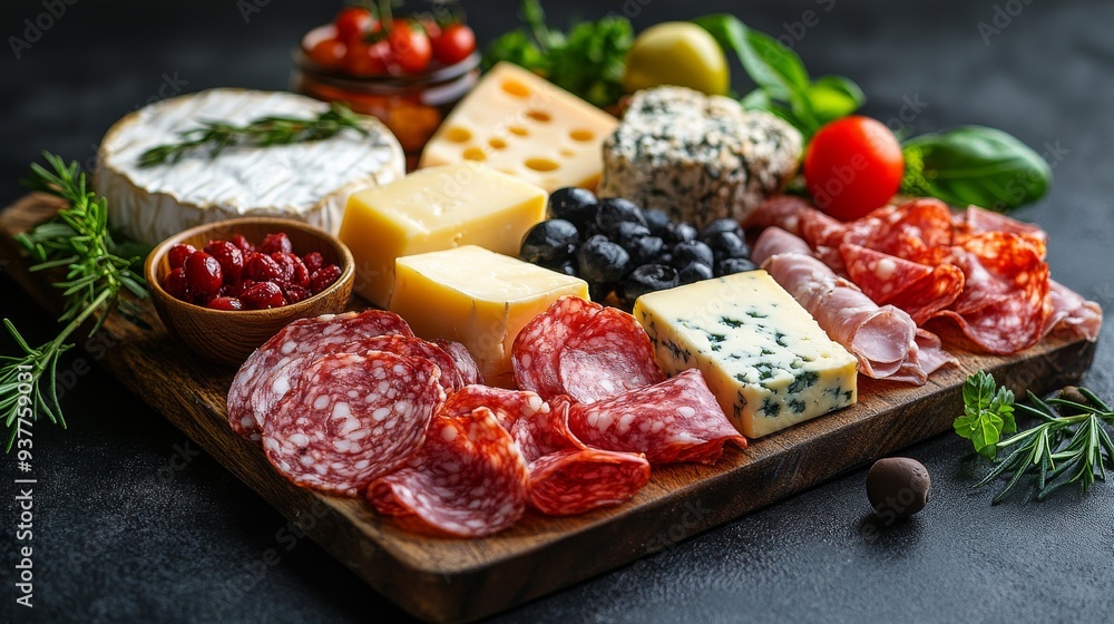 Wooden cutting board overflowing with an assortment of gourmet cured meats, fine cheeses, fresh berries, and savory olives. Perfect for sharing with friends and family at a party or gathering Wooden cutting board overflowing with an assortment of gourmet cured meats, fine cheeses, fresh berries, and savory olives. Perfect for sharing with friends and family at a party or gathering