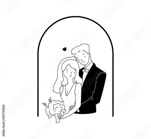 Happy wedding couple at ceremony hand drawn vector illustration for wedding invitation, decoration and design