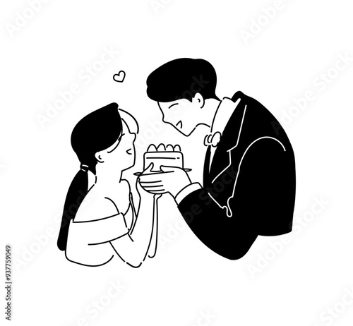 Happy wedding couple eating cake together cute hand drawn vector illustration for wedding invitation, decoration and design
