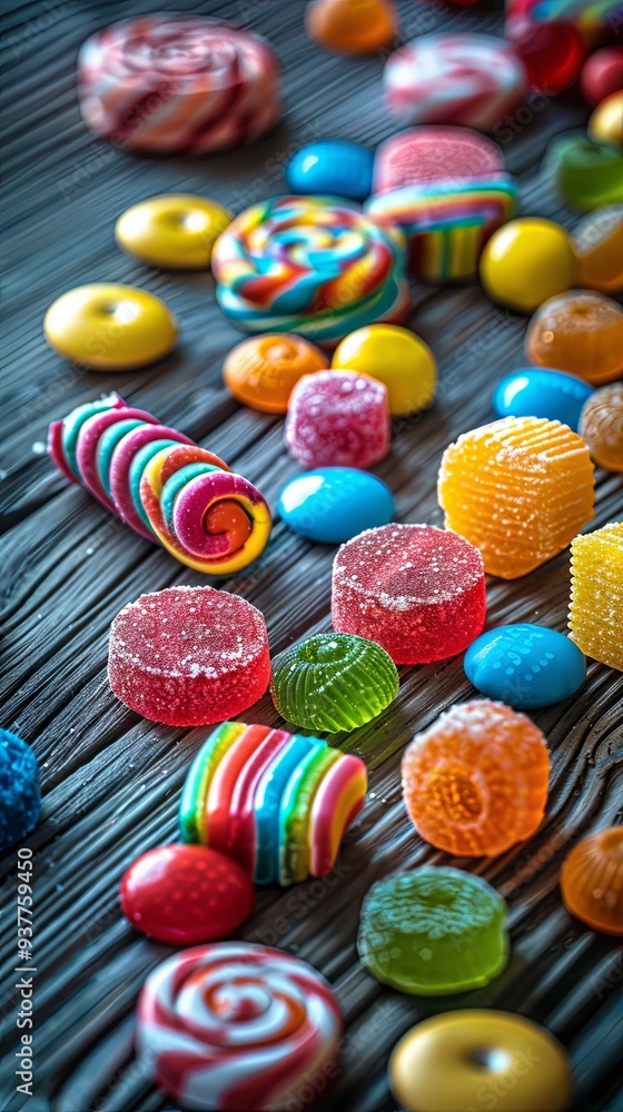 Fototapeta premium Assorted candies on gray wooden backdrop with soft focus