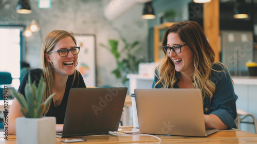 Two women share laughter and happiness as they collaborate on their laptops in a cozy cafe, surrounded by greenery and warm decor, creating a friendly atmosphere