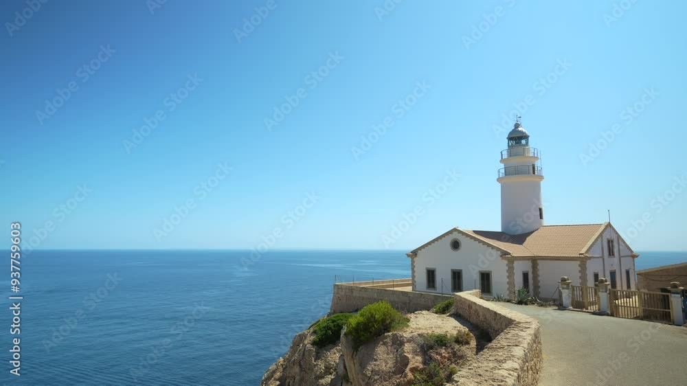 Capdepera Lighthouse perched on a rugged cliff, overlooking the vast and calm Mediterranean Sea in Mallorca. The clear blue sky and tranquil waters create a serene and captivating scene, highlighting Capdepera Lighthouse perched on a rugged cliff, overlooking the vast and calm Mediterranean Sea in Mallorca. The clear blue sky and tranquil waters create a serene and captivating scene, highlighting