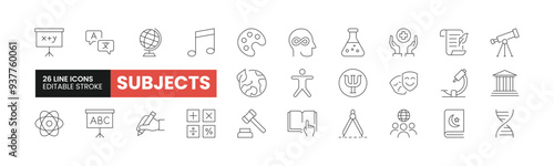 Set of 26 School Subjects line icons set. School Subjects outline icons with editable stroke collection. Includes Mathematics, English, Music, Chemistry, Culture, and More.