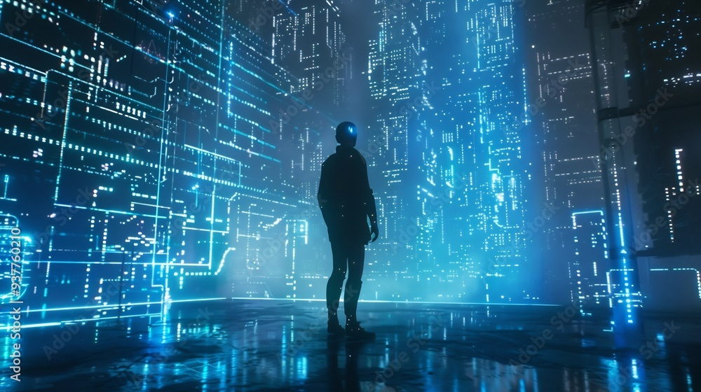 Hacker with hologram data graph, stealing information Hacker with hologram data graph, stealing information