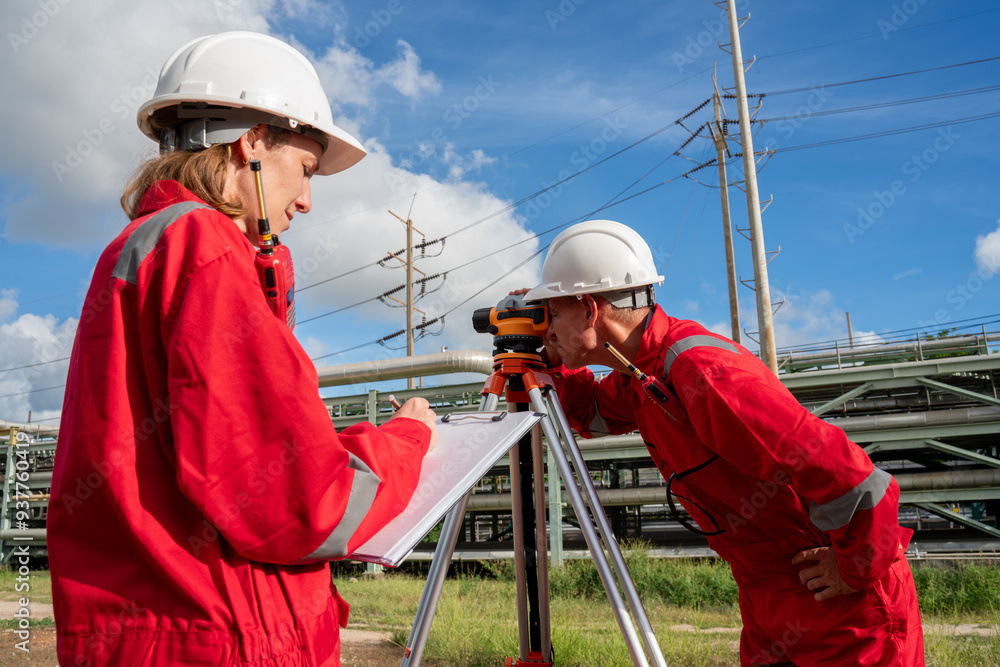Team survey construction engineer with safety jacket use level survey camera. Engineer peering through a theodolite for check Raiway inside oil refinery plant. Team survey construction engineer with safety jacket use level survey camera. Engineer peering through a theodolite for check Raiway inside oil refinery plant.