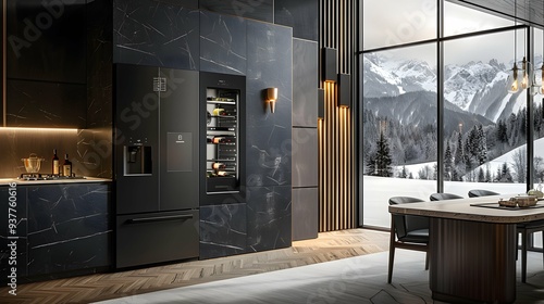 Luxurious Kitchen Design with Black Oak Wall, Dark Refrigerator, and White Marble Countertop | Lris Millefiori-Inspired Style with Light Wood Floors and Matte Black Accents photo