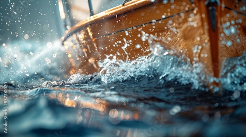 Closeup of a wooden boat cutting through choppy water, creating a spray of water droplets.