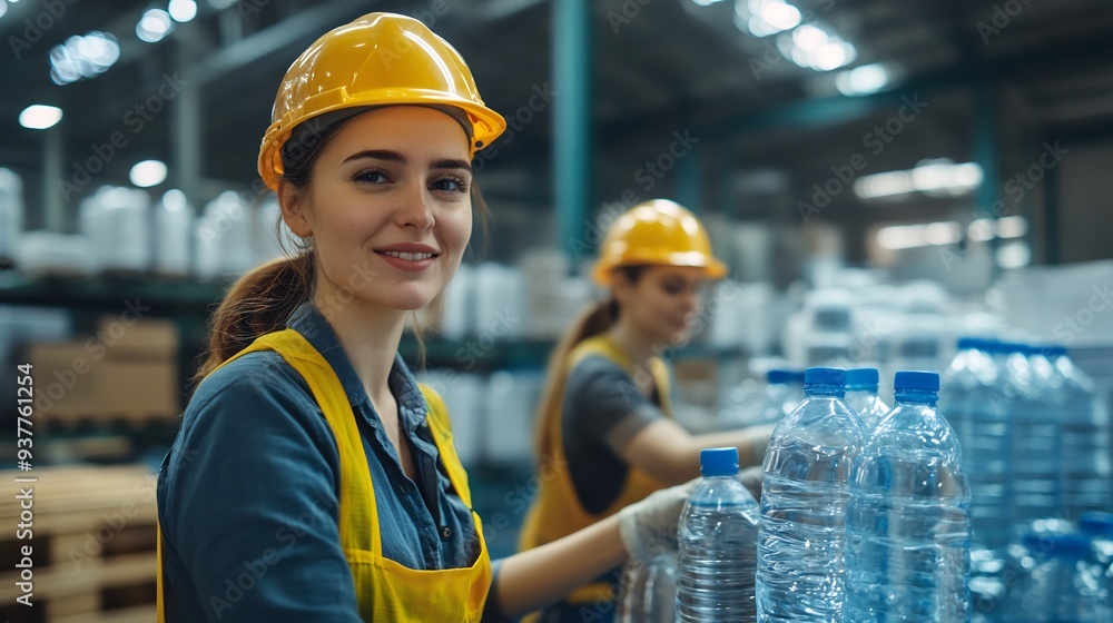 Smiling Woman in a Yellow Hard Hat Working in a Factory Smiling Woman in a Yellow Hard Hat Working in a Factory