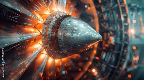 Close-up of an airplane engine with glowing turbine blades. photo