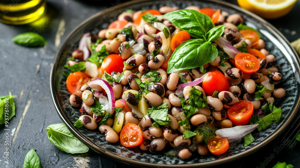 Fresh black-eyed pea salad with cherry tomatoes and basil on a rustic table with olive oil and lemon in the background Fresh black-eyed pea salad with cherry tomatoes and basil on a rustic table with olive oil and lemon in the background