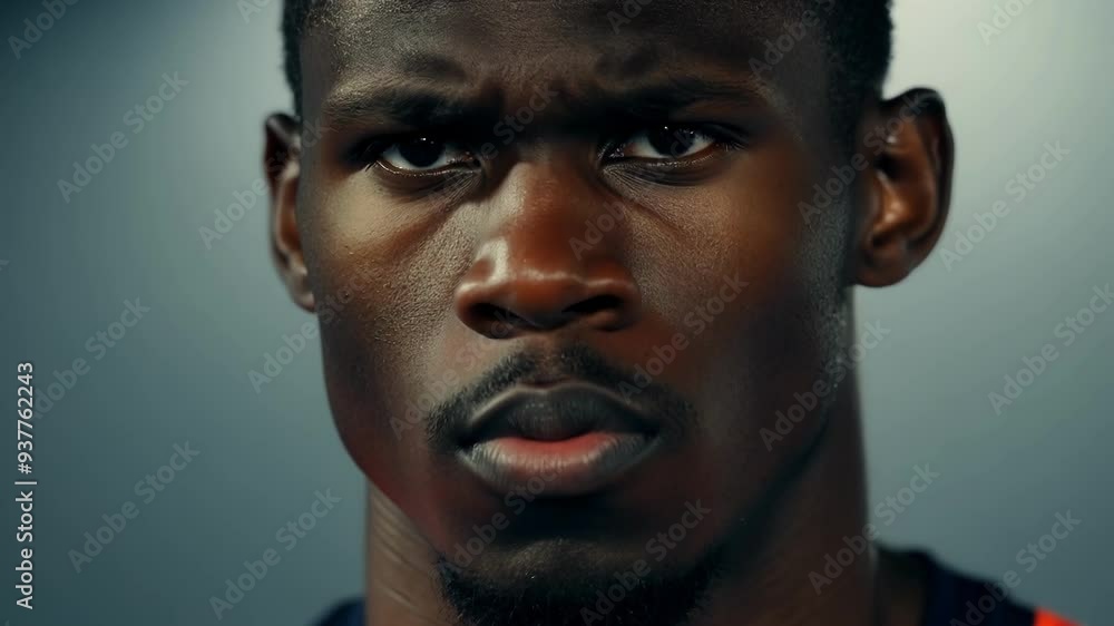 Determined young black athlete in a blue and orange jersey shows focus and strength in a close up portrait, reflecting motivation and power in sports against a blue background Determined young black athlete in a blue and orange jersey shows focus and strength in a close up portrait, reflecting motivation and power in sports against a blue background