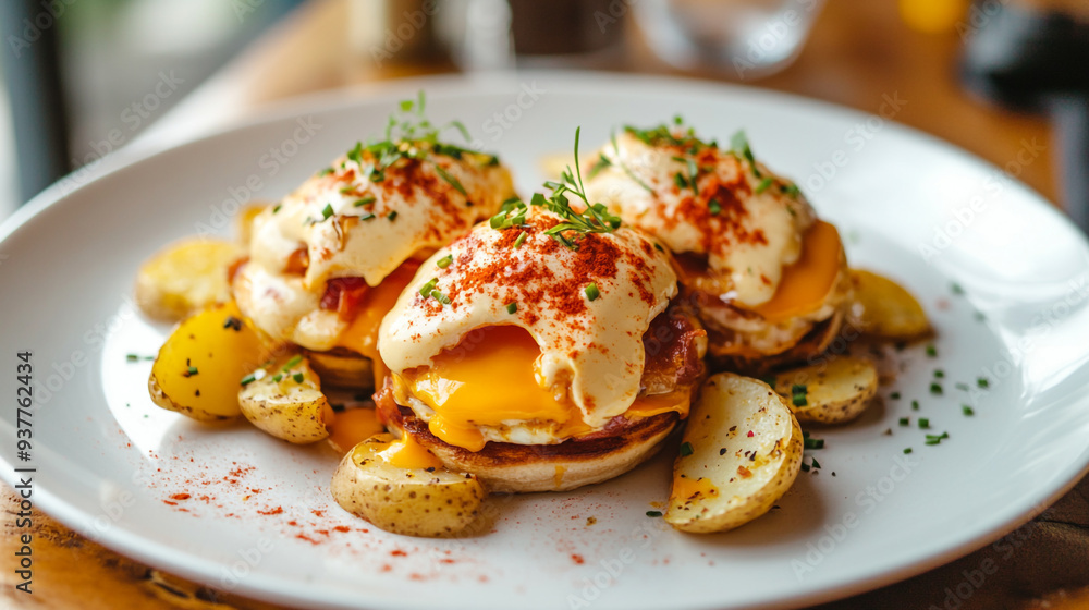 Delicious eggs benedict served with roasted potatoes at a cozy brunch spot on a sunny morning Delicious eggs benedict served with roasted potatoes at a cozy brunch spot on a sunny morning