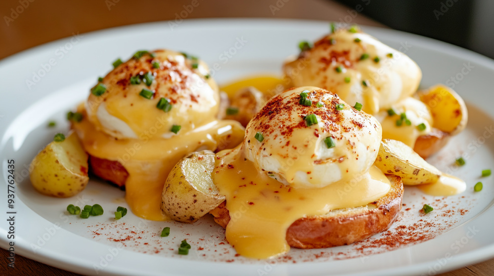 Delicious eggs benedict served with golden potatoes garnished with chives on a white plate in a cozy morning setting Delicious eggs benedict served with golden potatoes garnished with chives on a white plate in a cozy morning setting
