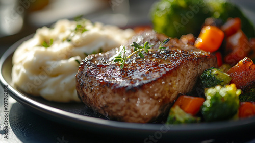 Juicy grilled steak served with creamy mashed potatoes and colorful roasted vegetables on a dinner plate