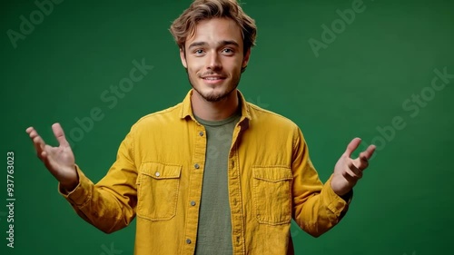 Dynamic video clip featuring an enthusiastic young man in a yellow shirt, gesturing expressively with open arms. Green screen backdrop for diverse video production applications