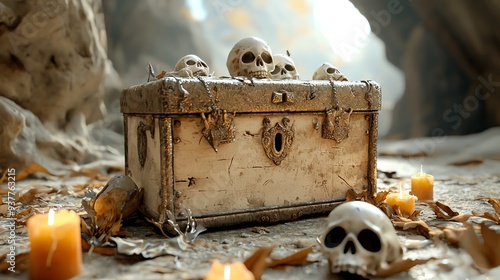 Pirate Halloween mermaids, treasure chest, eerie sea cave, 3D illustration