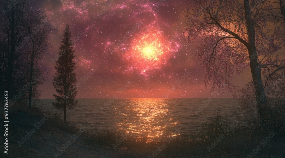 Cosmic Sunset Over Tranquil Ocean with Glowing Nebula Cosmic Sunset Over Tranquil Ocean with Glowing Nebula