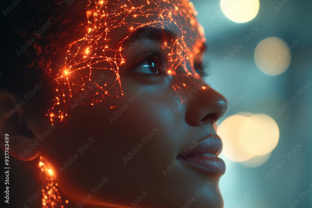 Reflective Portrait of a Woman with Glowing Neural Networks Symbolizing Cognitive Energy Positive Thought and the Intersection of Mind Technology and Emotion Reflective Portrait of a Woman with Glowing Neural Networks Symbolizing Cognitive Energy Positive Thought and the Intersection of Mind Technology and Emotion