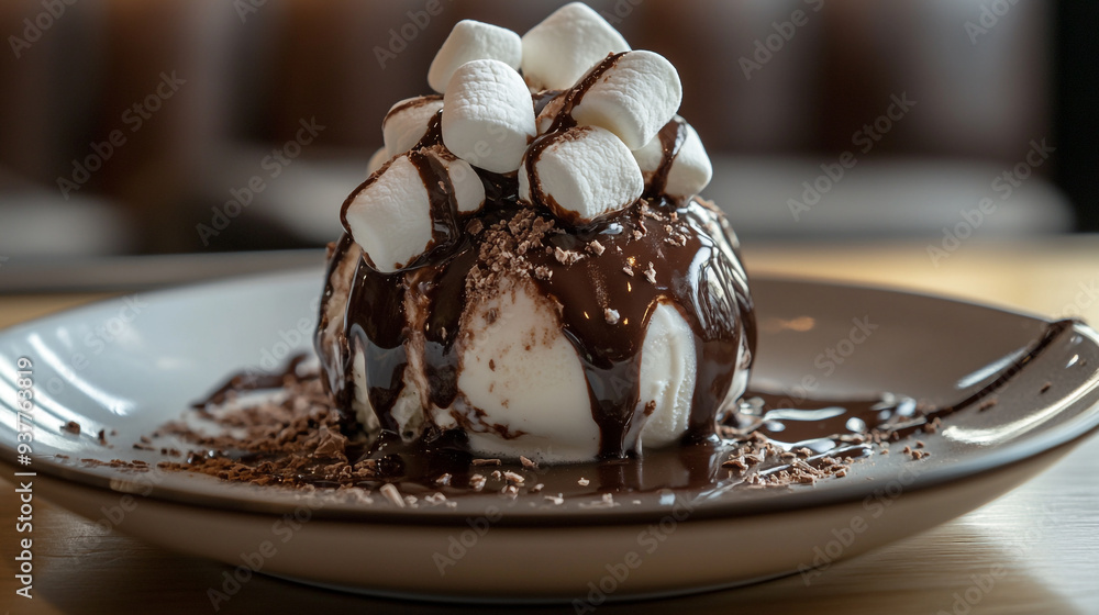 Delicious chocolate dessert topped with fluffy marshmallows served on a plate at a cozy café during the afternoon Delicious chocolate dessert topped with fluffy marshmallows served on a plate at a cozy café during the afternoon