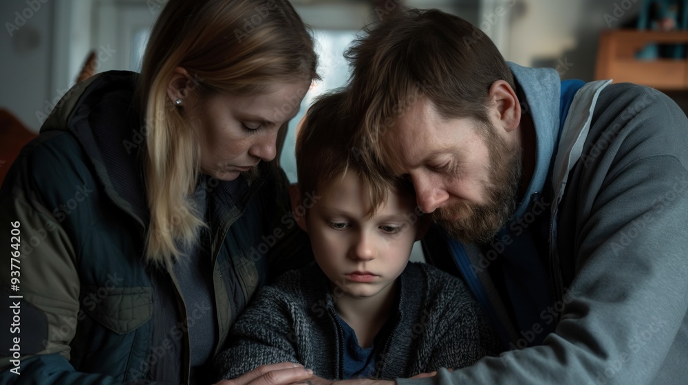 Parents comforting a child after a bullying incident, expressions of love and protection, promoting anti-bullying awareness and child safety, home setting with supportive atmosphere Parents comforting a child after a bullying incident, expressions of love and protection, promoting anti-bullying awareness and child safety, home setting with supportive atmosphere