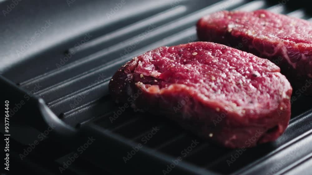 Slow motion slide shot of preparing steak filet mignon on a grill pan Slow motion slide shot of preparing steak filet mignon on a grill pan