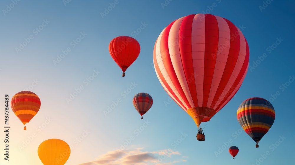 Fototapeta premium Hot air balloons of various colors gracefully ascend into a clear blue sky during a stunning sunset, creating a beautiful spectacle in the evening air