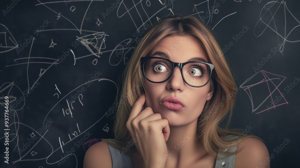 A young woman with glasses expresses curiosity while looking thoughtfully at mathematical equations on a chalkboard A young woman with glasses expresses curiosity while looking thoughtfully at mathematical equations on a chalkboard