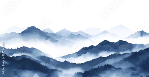 Watercolor foggy mountains, navy blue color, white background, vector illustration