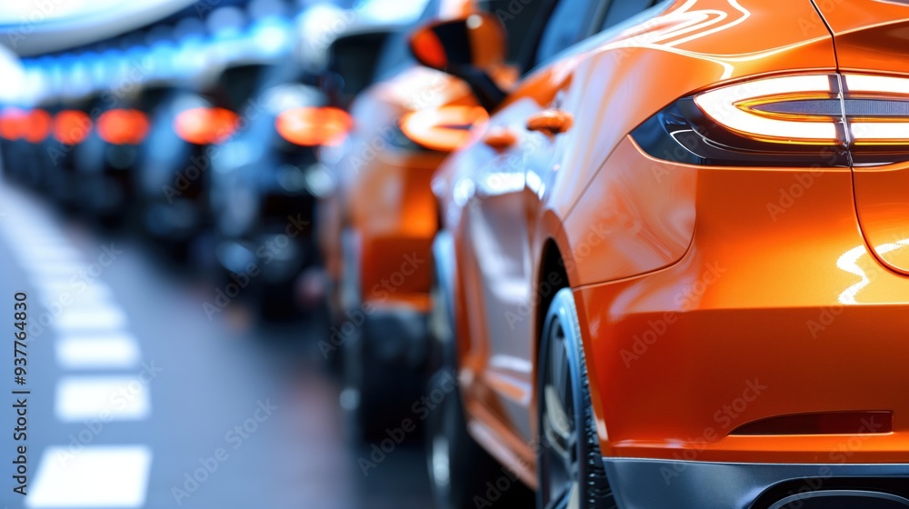 A vibrant orange car is prominently positioned in the foreground while other vehicles line up in a sleek, modern parking garage illuminated by cool lighting during the evening A vibrant orange car is prominently positioned in the foreground while other vehicles line up in a sleek, modern parking garage illuminated by cool lighting during the evening
