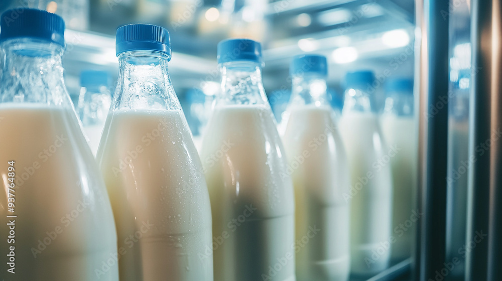 Glass bottles of fresh milk lined up in a refrigerator at a grocery store, showcasing the dairy selection in a well-lit environment Glass bottles of fresh milk lined up in a refrigerator at a grocery store, showcasing the dairy selection in a well-lit environment