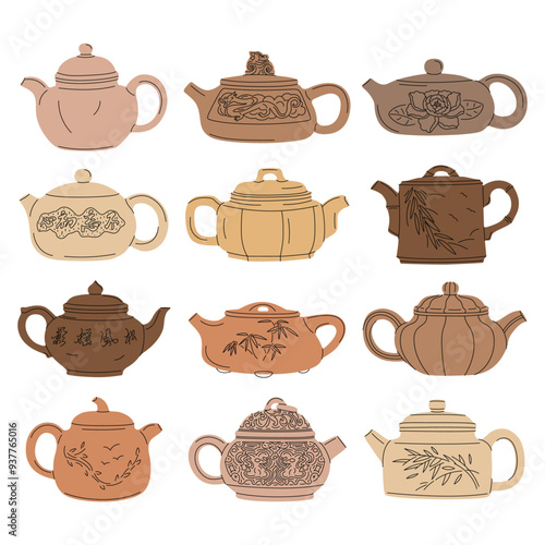 Set of traditional Asian ceramic teapots in simple flat style. Japanese and chinese tea ceremony, vector doodle illustration isolated on white background, hand drawn art. Retro teaware, pastel colors.