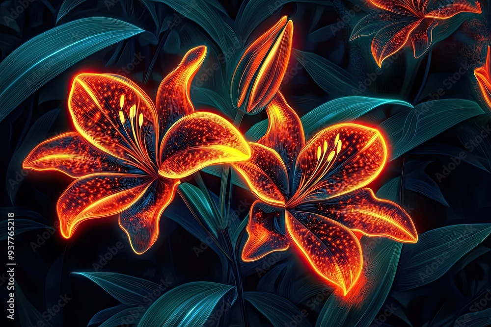 illustration neon 3D beautiful glowing glass orange tiger lilies with leaf and light on dark background illustration neon 3D beautiful glowing glass orange tiger lilies with leaf and light on dark background