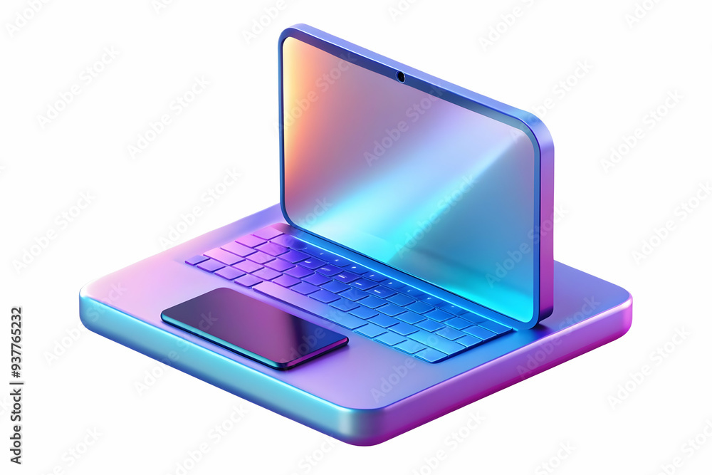3D Laptop on Holographic Platform Concept with Glowing Blue and Purple Hues for Copy Space, Isolated on White 3D Laptop on Holographic Platform Concept with Glowing Blue and Purple Hues for Copy Space, Isolated on White