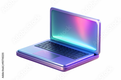 Glowing 3D Laptop on Holographic Platform Concept with Copy Space - Blue and Purple Hues - Isolated White Background