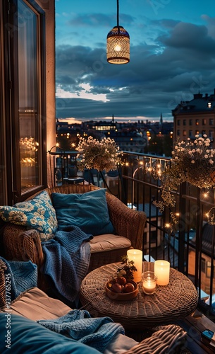 Scandinavian balcony with wicker furniture, soft blue pillows and blankets, candles on table, overlooking city at night