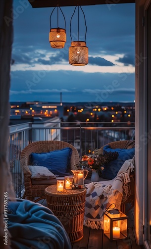 small balcony with wicker furniture, lanterns, and candles, overlooking city at night during blue hour