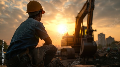 Migrant worker in an urban construction site, operating heavy machinery, sense of hard work and skill, focus on economic contribution and building a future, city skyline visible in background