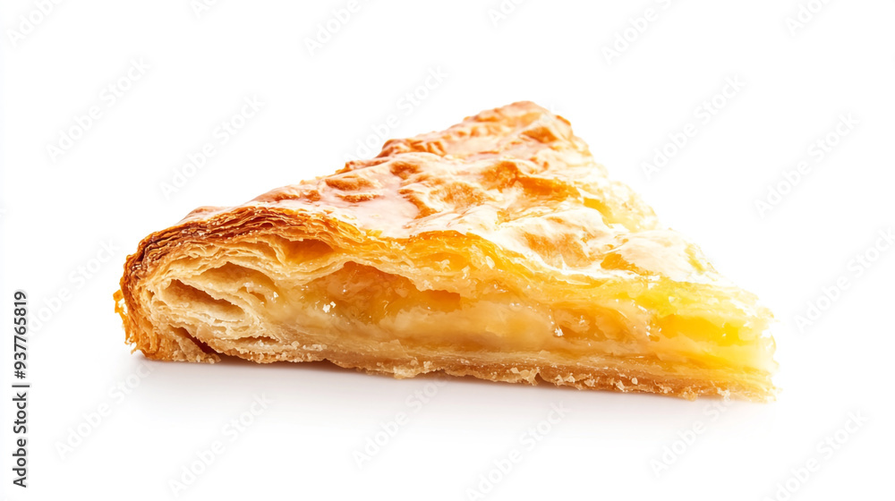 Delicious golden pastry slice with a creamy filling captured against a clean white backdrop Delicious golden pastry slice with a creamy filling captured against a clean white backdrop